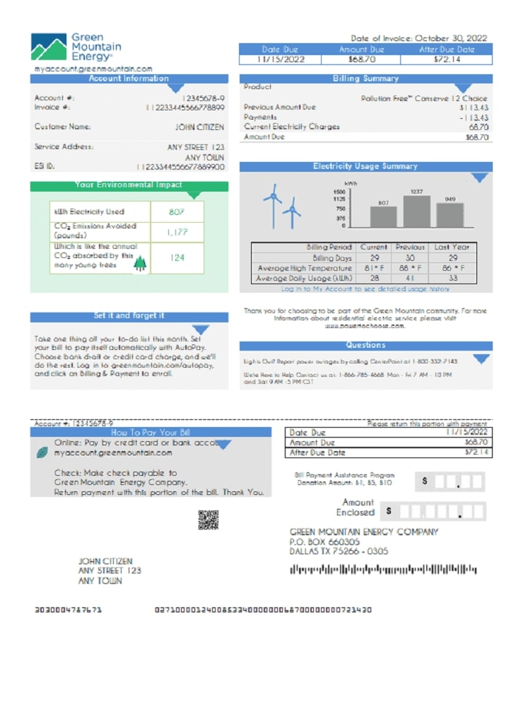 USA Green Mountain Energy utility bill template in Word and PDF format